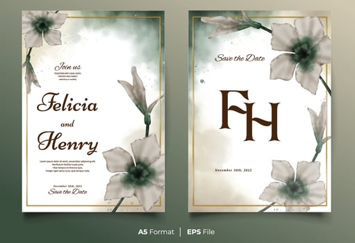 Watercolor wedding invitation template with white flower ornament vector