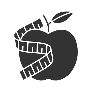 Measuring tape around apple glyph icon. Silhouette symbol. Healthy nutrition. Dieting. Negative space. Vector isolated illustration