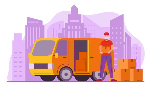 Courier in protective medical face mask and gloves holds box.Cartoon character delivery guy. Isolated vector flat illustration.City skyline delivery van.
