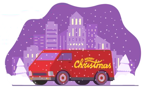 Christmas delivery van. New Year's cargo car. Winter city skyline urban landscape falling snow. Red auto with lettering Merry Christmas.Vector realistic illustration.Transport logistics concept vector