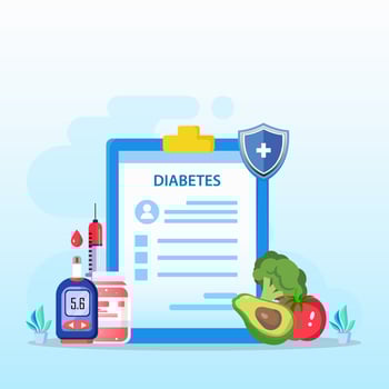 Medicine diabetes concept. The doctor tests the level of glucose in the blood, prescribes statins. Flat vector illustration.