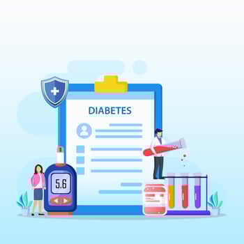 Medicine diabetes concept. The doctor tests the level of glucose in the blood, prescribes statins. Flat vector illustration.
