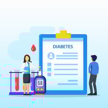 Medicine diabetes concept. The doctor tests the level of glucose in the blood, prescribes statins. Flat vector illustration.