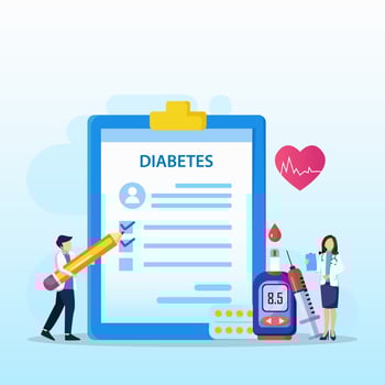 Medicine diabetes concept. The doctor tests the level of glucose in the blood, prescribes statins. Flat vector illustration.