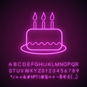 Birthday cake neon light icon. Glowing sign with alphabet, numbers and symbols. Vector isolated illustration