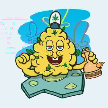 Cartoon Mascot Of Yellow Weed Bud With Glass Bong. Vector And Illustration