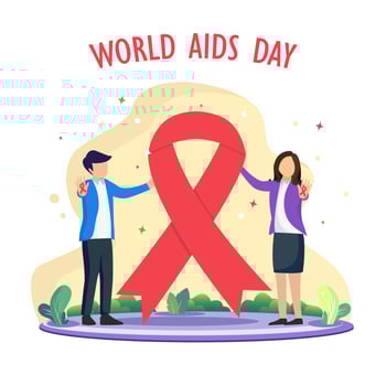 Conceptual Design World AIDS day. A couple celebrating World AIDS Day Awareness with Red Ribbon. Flat vector template