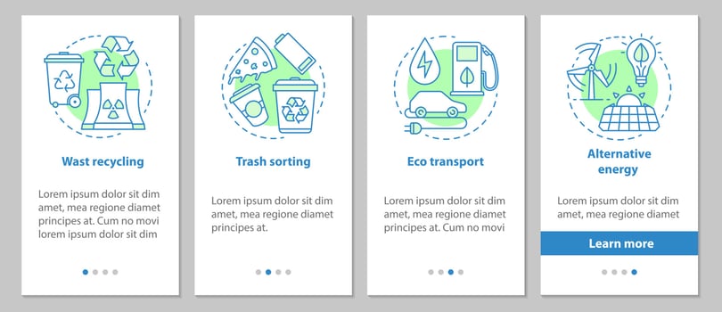 Environment protection onboarding mobile app page screen with linear concepts. Trash sorting, waste recycling, alternative energy graphic instructions. UX, UI, GUI vector template with illustrations