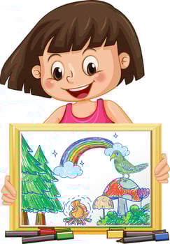Happy girl holding her art work vector