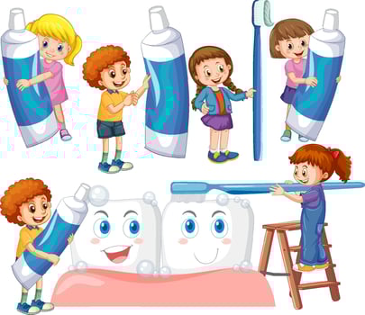 Set of happy kids holding dental cleaning equipment on white background vector
