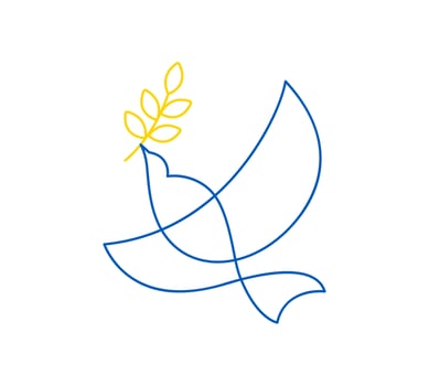 Flying peace dove with olive branch. No war. Military conflict between Russia and Ukraine. Calligraphy vector illustration. Symbol of peace and freedom