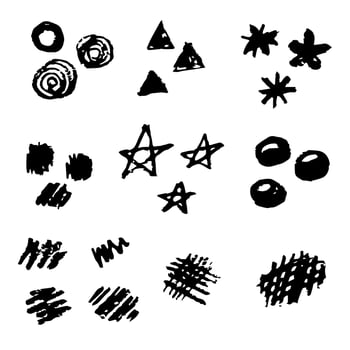 Simple vector doodle set of freehand drawn charcoal pencil. Black abstract elements, strokes, spots, spirals, circles, triangles, stars on a white background. To create a template, design.
