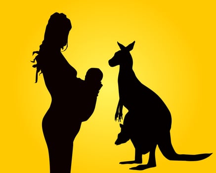 Silhouettes of the woman of mother and a kangaroo vector
