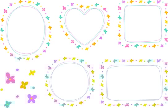 Abstract Bright Colorful Daisy Flower Doodle Hand Drawing Drawn Heart Circle Square Oval Rectangle Sticky note Shape Line Borders Frames Plate Set Collection Colorful Background Vector Illustration