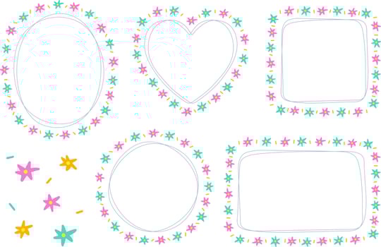 Abstract Bright Green Pink Daisy Star Flower Doodle Hand Drawing Drawn Heart Circle Square Oval Rectangle Sticky note Shape Line Borders Frames Plate Set Collection Background Vector Illustration