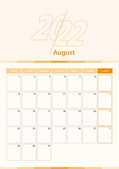 Modern vector vertical calendar sheet for August 2022, planner in English.