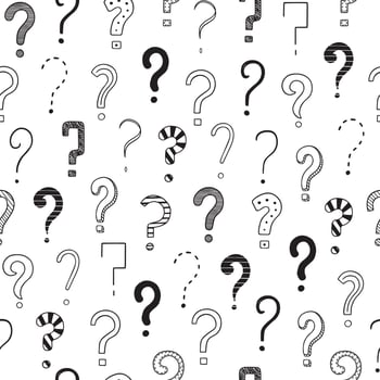 Hand drawn seamless pattern of question marks doodle. Different interrogation signs in sketch style.  Vector illustration.