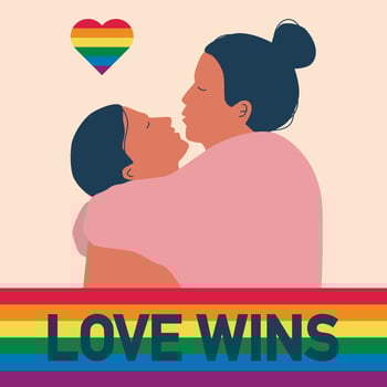 Lesbian couple hugging vector rainbow flag love wins