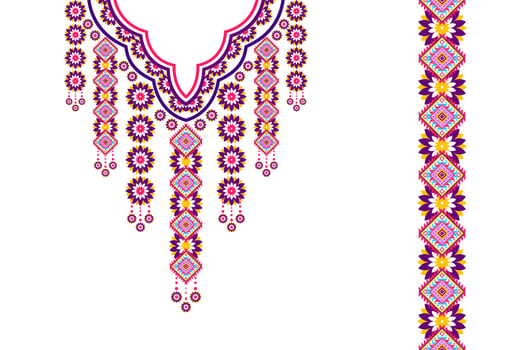 Neckline embroidery vector design. Ethnic Aztec fabric carpet mandala ornaments textile necklace. Tribal boho native neckline traditional embroidery vector background