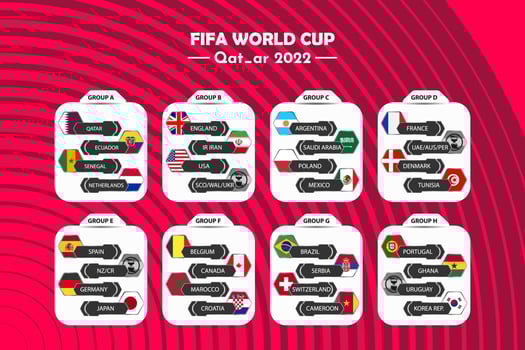 Match schedule template FIFA World Cup. World Cup 2022 QATAR. Football results table world cup Qatar, flags of world countries. Vector illustration