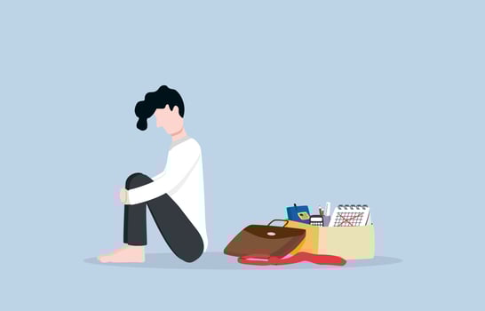 Terminated or lay off employee, being unexpectedly unemployed or fired from work concept. Employee sitting and holding knees with sadness after being dismissed from latest job. vector