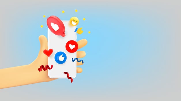 Man using social mobile application. 3d vector banner with copy space