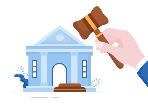 Court there is Justice, Decision and Law with Laws, Scales, Buildings, Wooden Judge Hammer in Flat Cartoon Design Illustration vector