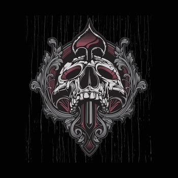 Ornate heraldry crest with skull slain by a spear through it's head T shirt.Can be used for t-shirt print, mug print, pillows, fashion print design, kids wear, baby shower, greeting and postcard. vector