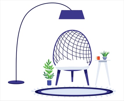 Living room workplace for freelance home office with beautiful furniture set modern chair floor lamp mat house plant vector