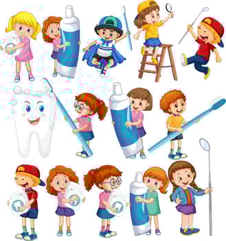 Set of happy kids holding dental cleaning equipment on white background vector