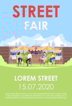 Street fair brochure template. Summer weekend at park cafe. Flyer, booklet, leaflet concept with flat illustrations. Vector page layout for magazine. Advertising invitation with text space