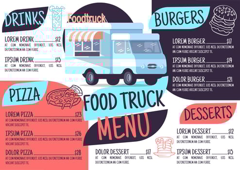 Food truck menu template. Print design with flat icons. Concept vector illustrations. Restaurant, cafe banner, flyer brochure page with food prices layout