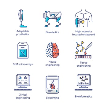 Bioengineering color icons set. Biotechnology for human health and comfortable life. Molecular biology, biomedical and molecular engineering, bioinformatics. Isolated vector illustrations
