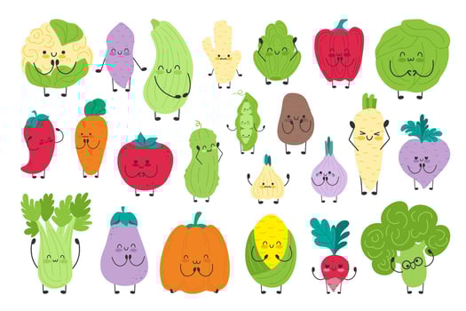 Set of cute funny characters fresh healthy vegetables isolated. Organic vegan farm veggies. Healthy lifestyle. vector
