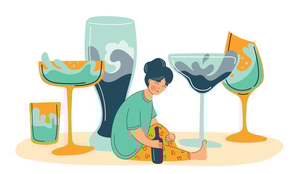 Alcohol abuse and depression problem of female. Woman alcoholism social problem. vector