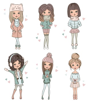 winter fashionable beautiful girls vector. hand draw. cute girls. cool style. hipster girls in winter clothes. vector