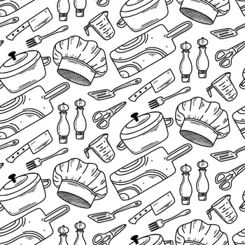 Cooking and kitchen tools seamless pattern in doodle style. Vector background with coocking tools