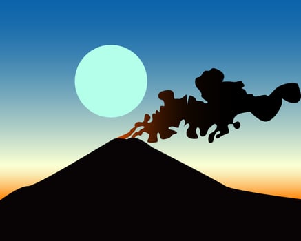 awakened volcano on the background of blue-orange sky vector