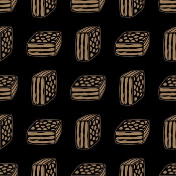 Brownies on a black background. Wrapping paper pattern for bakery shop. Hand drawn lines. vector