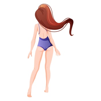 The girl is standing in a bathing suit with her back. Rest on the sea. vector