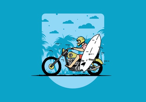 Ride motorcycle with surfing board illustration vector