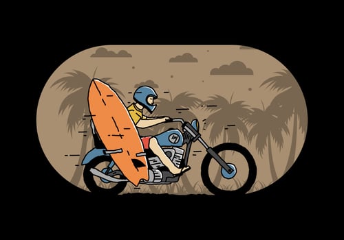 Ride motorcycle with surfing board illustration vector