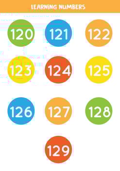 Learning numbers cards from 120 to 129. Colorful flashcards. vector