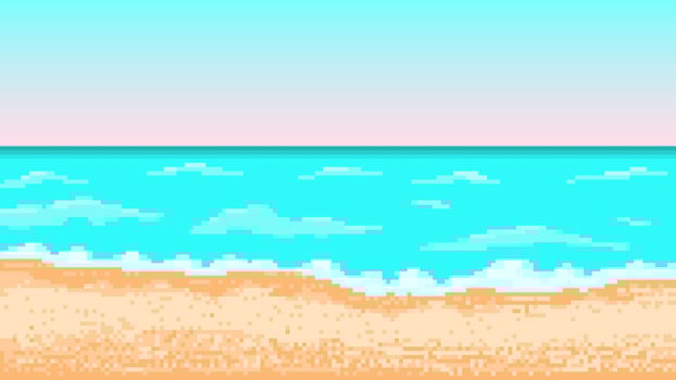 Tropical pixel beach with surf. Seascape with blue sky and glow of setting sun. White foam rolls on yellow hot sand. Colorful ocean waves creating holiday vector mood