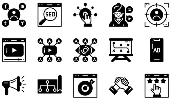 Set of Vector Icons Related to Digital Marketing. Contains such Icons as Social Marketing, Seo, Influencer, Video Marketing, Megaphone, Online Marketing and more.