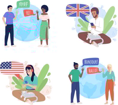 Tandem language learning 2D vector isolated illustration set