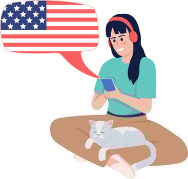 Young woman listening to american english course semi flat color vector character