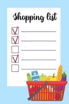 Shopping list template with supermarket busket with healthy food and vegetables. Page template with lines for writing a shopping list. Buy list or market checklist with lines. vector