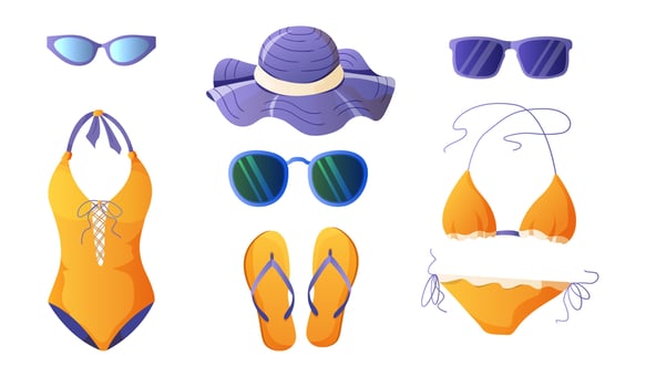 A set of beach elements isolated on a white background. Hat, sunglasses, slates, women's swimsuit. vector