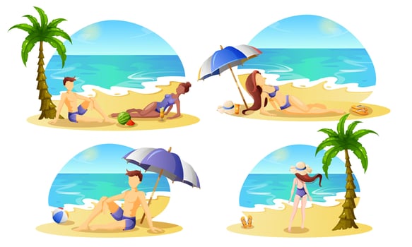Men and women tourists on vacation rest on the beach. Recreation, summer tourism. vector